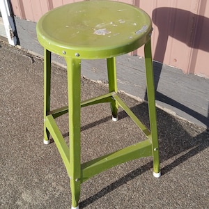 Vintage Industrial Tall Green Work Stool or Shop Stool Pressed Steel 1980s