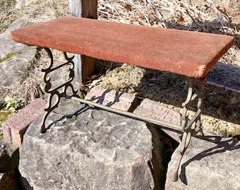 Antique Victorian Fireside Bench with Fancy Cast Iron Legs and Upholstery 1910s