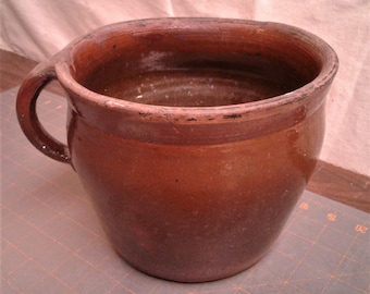 Antique Redware Pottery Crock w Applied Handle Interior Glaze