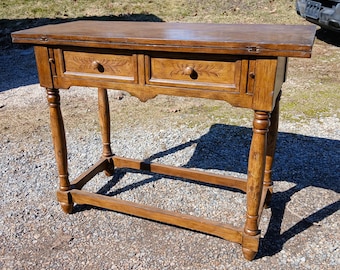 Vintage Faux Grain Console Table w Flip Top Leaves 2 Drawers Maple Wood Pa Dutch Style