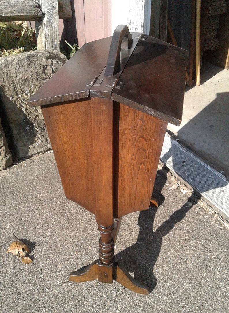 Antique Maple Sewing or Magazine Holder Rack Stand with Lids and Handle 1930s Era image 7