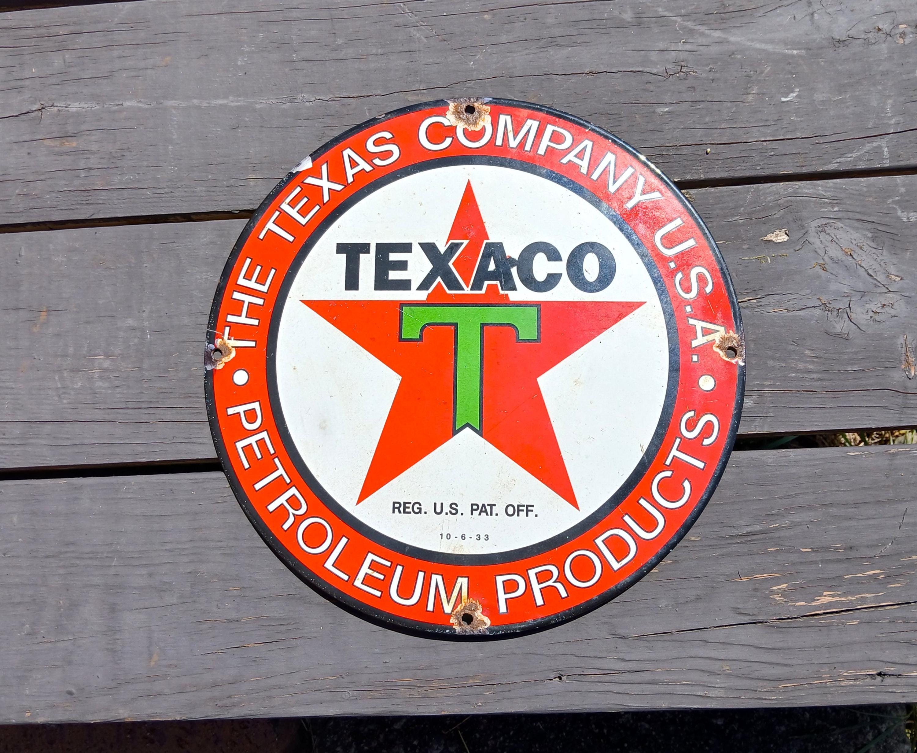 Antique Texaco Texas Porcelain Round Gas Pump Plate Sign 10 6 1933 the ...