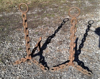 Antique Pair Primitive Hand Crafted Folk Art Welded Log Chain Andirons 1880s
