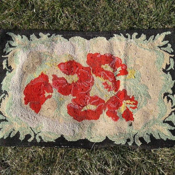 Antique Folk Art Hooked Rug Red Floral Flowers