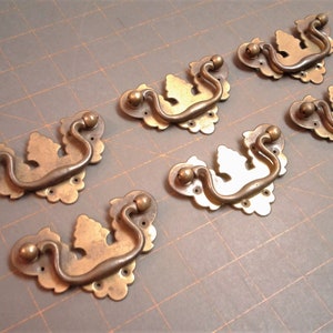 6 Antique Chippendale Batwing Brass Drop Bail Cabinet Dresser Drawer Pulls 1900s
