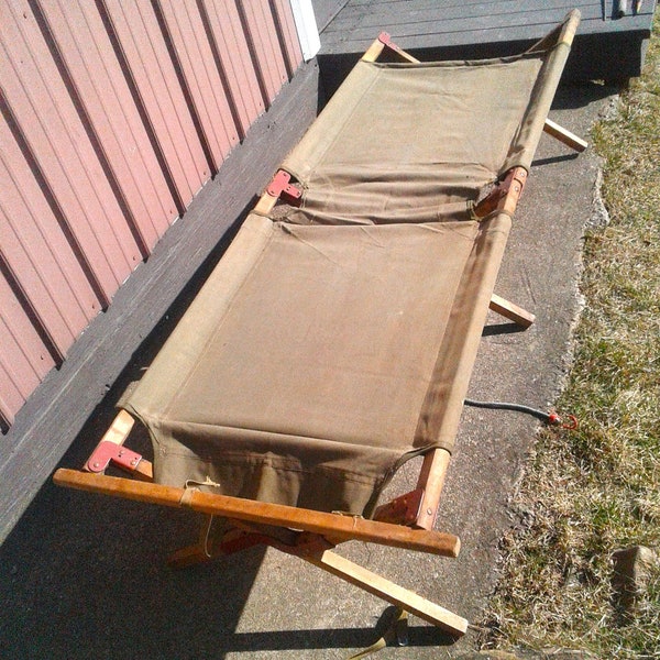 Vintage Folding Military Style Cot w Green Canvas and Wood Frame