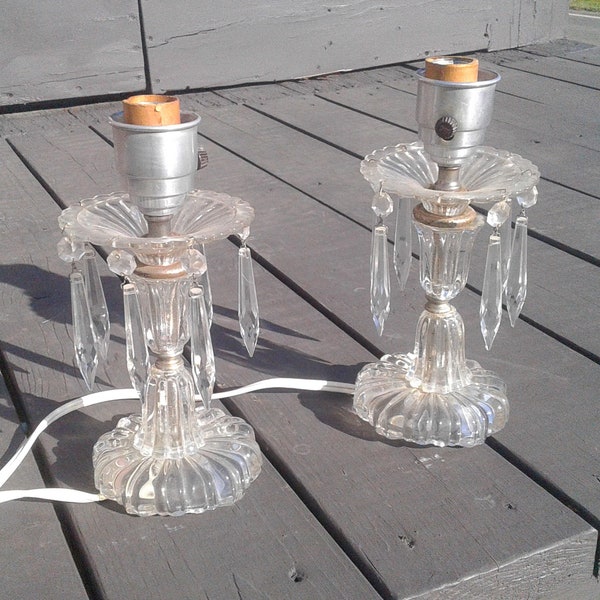 Antique Pair of Pressed Clear Glass Boudoir Table Lamps w Prisms