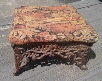 Vintage Victorian Cast Iron Foot Stool Base w Upholstered Autumnal Tapestry 1970