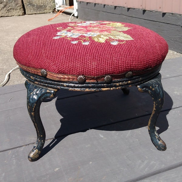 Antique Victorian Round Foot Stool w Curved Cast Iron Legs w Needlepoint Seat