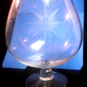 May include: A clear, stemmed brandy snifter with a large, rounded bowl and a wide base. The glass features an etched starburst design on the bowl. The glass is transparent, allowing light to pass through.