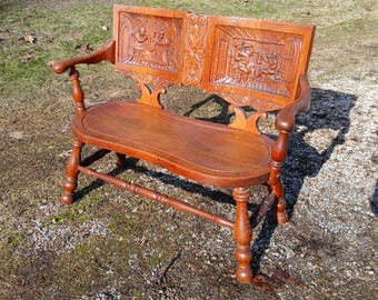 Antique George Arndt Carved Monk Hall Bench Seat Quarter Sawn Oak 1920s Rare