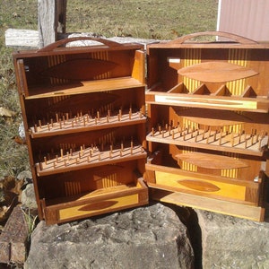 Vintage Cedar Sewing Case Cabinet Folds Out and Portable Folk Art