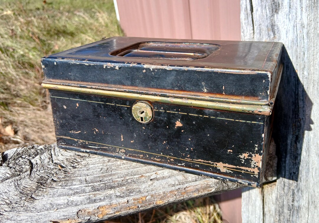 Antique Tin Money Box Black and Gold Pin Stripes With Four Compartments ...