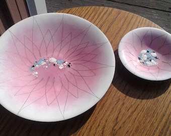 Set of 2 Brass Trinket Bowls Pink and Turquoise w Gold Color Flower Designs MCM