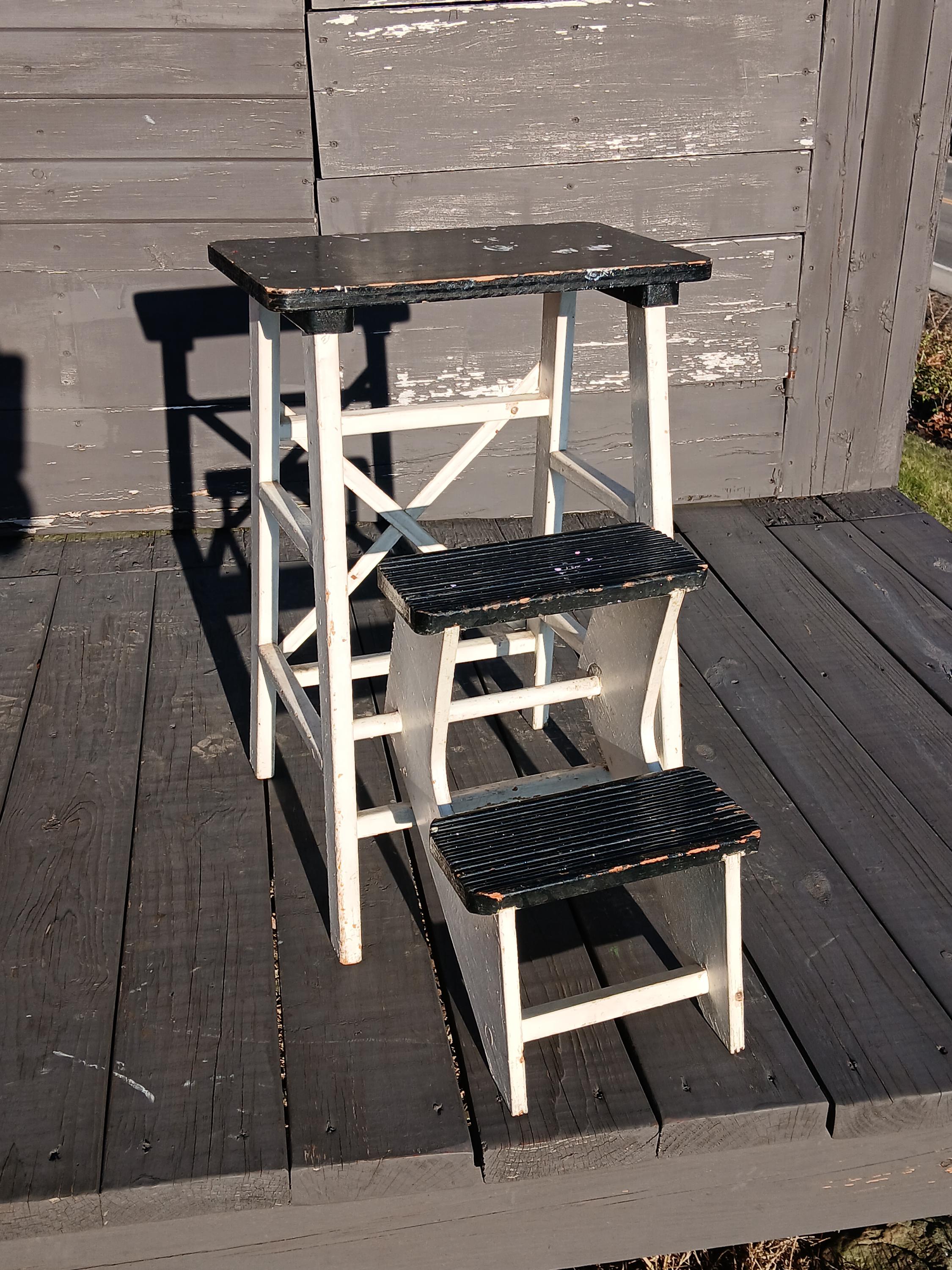 Antique Wooden Fold Up Step Ladder Stool 1920s
