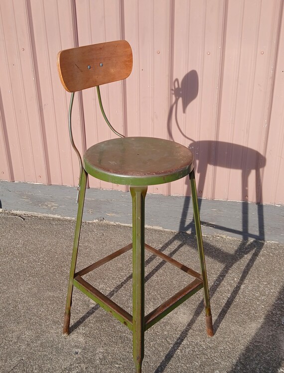 1930s Hollowell Jenkintown Tall Metal Shop Stool Adjustable Wood Back Industrial