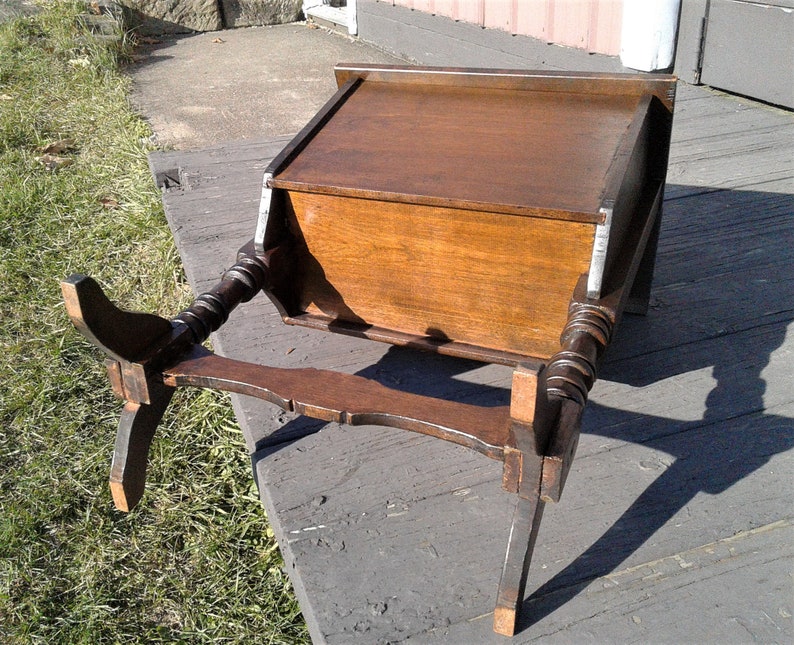 Antique Maple Sewing or Magazine Holder Rack Stand with Lids and Handle 1930s Era image 8