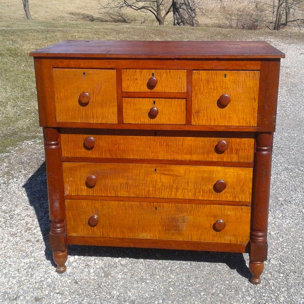 Rare Antique Double Bonnet Chest of Drawers w 7 Drawers Cherry and Tiger Maple 1850s