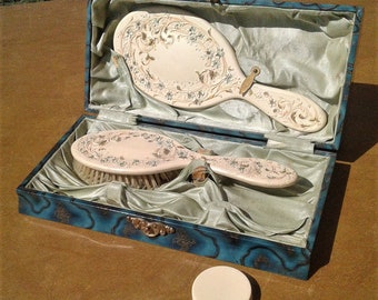 Antique Victorian Celluloid Box Vanity Set Brush and Mirror with 3 Victorian Lady Busts Royal Blue and Gold