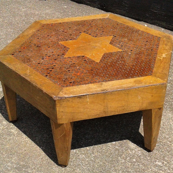 Antique Hand Crafted Folk Art Hexagon Footstool w Star and Circle Inlay