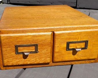 Antique Oak Desk Top Card File Cabinet with 2 Drawers 1930s Era