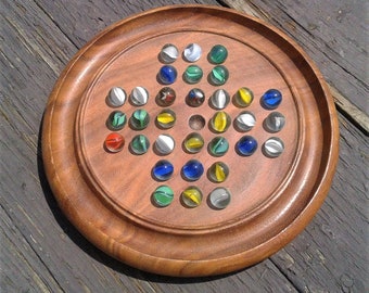 Vintage Mahogany Wood Solitaire Marble Game w 32 Cat Eye Marbles 1950s