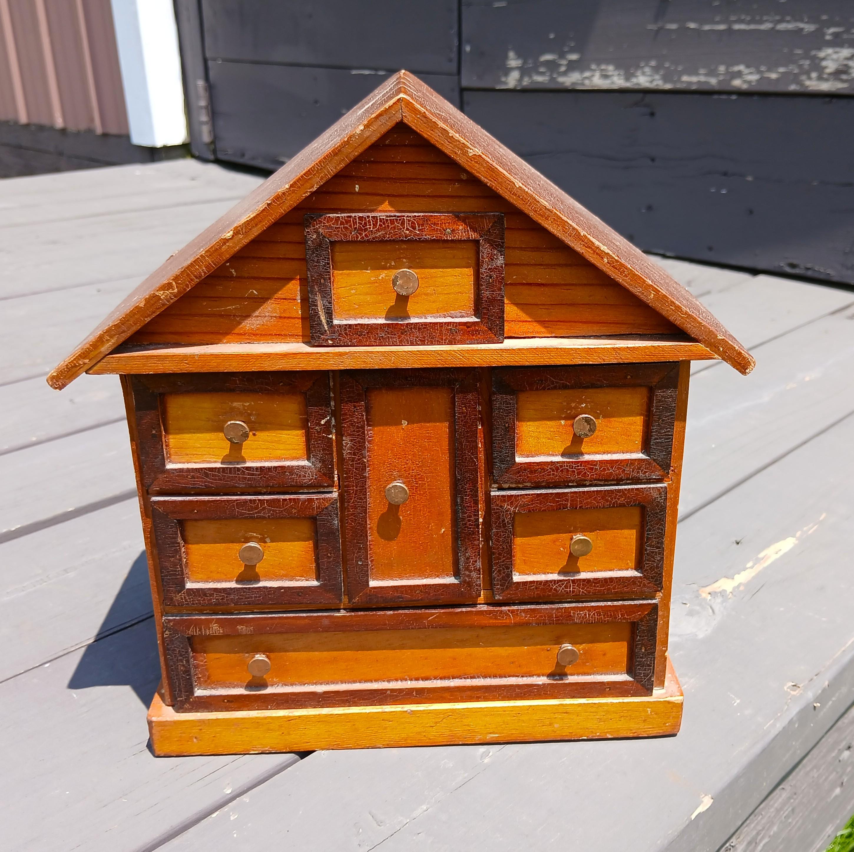 Antique Folk Art Pine Wood Jewelry Box House Cigar Box Construction