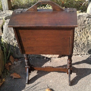 Antique Maple Sewing or Magazine Holder Rack Stand with Lids and Handle 1930s Era image 6