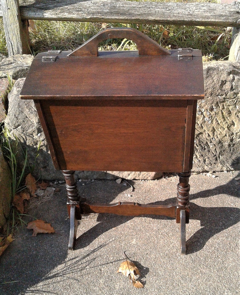 Antique Maple Sewing or Magazine Holder Rack Stand with Lids and Handle 1930s Era image 6