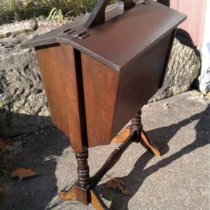 Antique Maple Sewing or Magazine Holder Rack Stand with Lids and Handle 1930s Era image 5