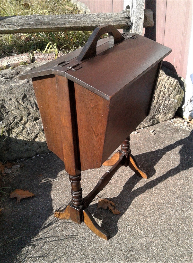 Antique Maple Sewing or Magazine Holder Rack Stand with Lids and Handle 1930s Era image 5