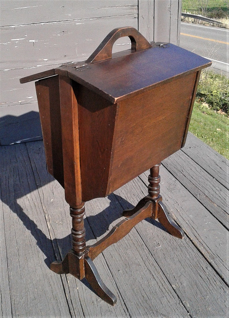 Antique Maple Sewing or Magazine Holder Rack Stand with Lids and Handle 1930s Era image 1