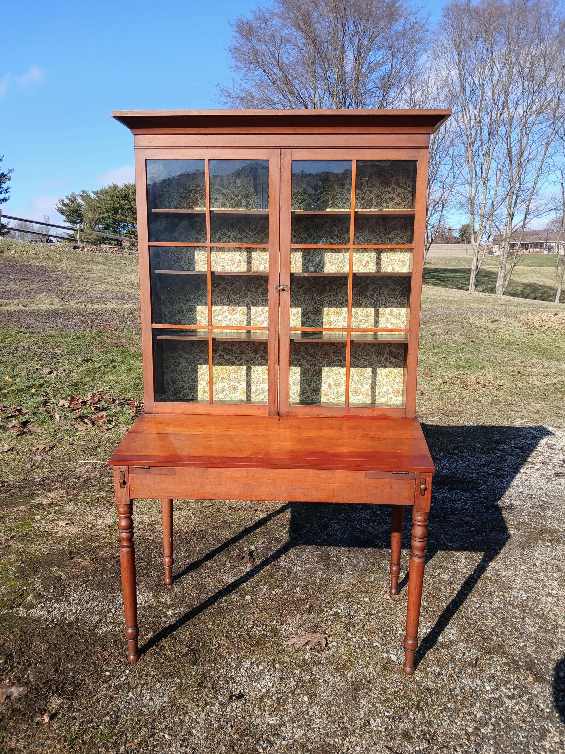 Antique 2 Piece Cherry Sheraton Plantation Desk with 12 Pane Top Original Seeded Glass 1840s