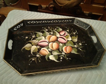 Antique Large Tole Ware Hand Painted Serving Tray Fruits Pilgrim Art 150