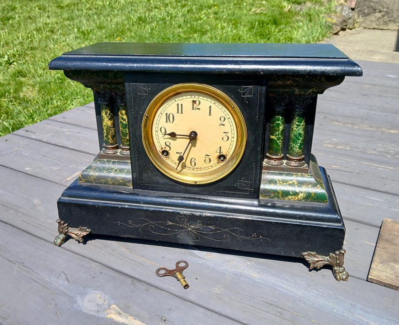 Antique Adamantine Mantel Clock Green Faux Marble Victorian 1890s Clock ...