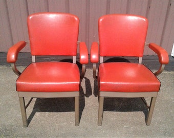 Vintage Industrial Pair of MCM Harter Steel Office Arm Chairs Orange and Black