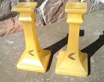 Pair of Antique Candlestick Holders Yellow Frosted Glass with Wheel Cut Leaves