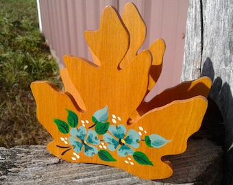 Vintage Wood Maple Leaf Napkin Holder Hand Painted Blue Flowers