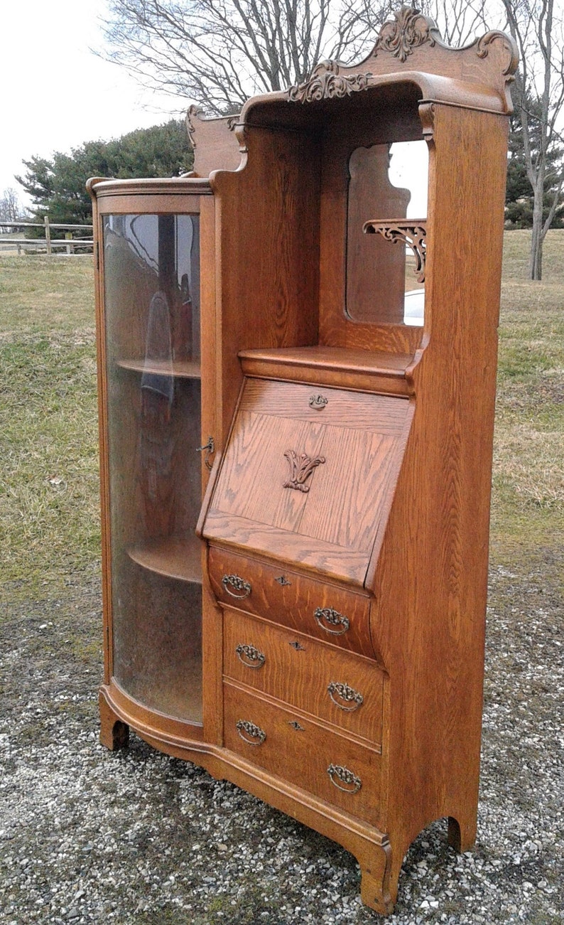 Antique Tiger Oak Curved Glass Secretary Side by Side Bookcase Etsy