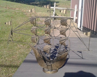 Vintage Brutalist Art Steel Sailing Ship Sculpture 1950s Retro MCM