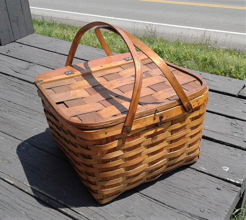 Antique Splint Oak Picnic Pie Basket W/ Woven Lid and Inner Etsy