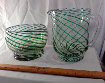 Elegant Art Glass Pitcher and Bowl Green and Clear Swirl Hand Blown