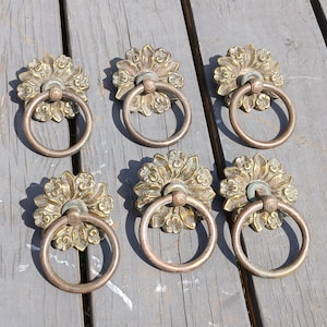 May include: Six antique brass drawer pulls with floral backplates and circular handles. The pulls have a vintage aesthetic, with a warm, aged patina. These decorative hardware pieces are ideal for furniture restoration or adding a touch of classic style.