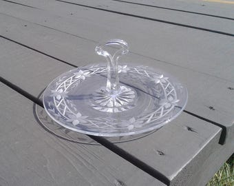 Antique Clear Floral and Lattice Wheel Cut Handled Candy Plate or Serving Plate