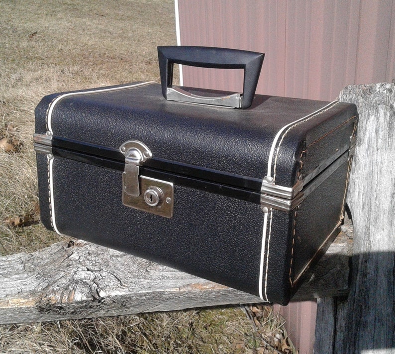 Vintage Black Silver Beauty Train Case with Original Key New Old Stock image 1