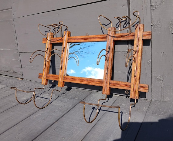 Antique Oak Mission Arts Crafts Wall Mirror Wire Hat and Coat