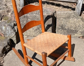 Antique Maple Shaker Style Ladder Back Rocking Chair w Original Woven Seat  1870