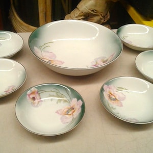 May include: A set of seven white ceramic bowls featuring a large central serving bowl and six smaller matching bowls. Each piece is decorated with a soft green gradient rim and delicate pink floral illustrations with green stems and leaves.