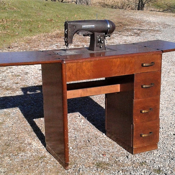 Antique Imperial Kenmore Rotary Sewing Machine w 4 Drawer Walnut Cabinet Model Number 117