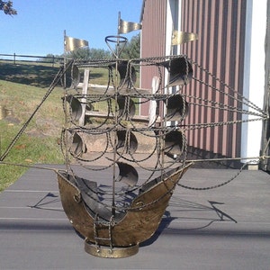 Vintage Brutalist Art Steel Sailing Ship Sculpture 1950s Retro MCM